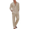 Sd2a456c96c8f48e3af8b50a09dba56c0O.jpg 2pcs Set Men's Cotton Linen Shirt and Pants Suits for Men Beach Wear Tracksuit Solid Color Shirts Sweatpants Hawaiian Vacation