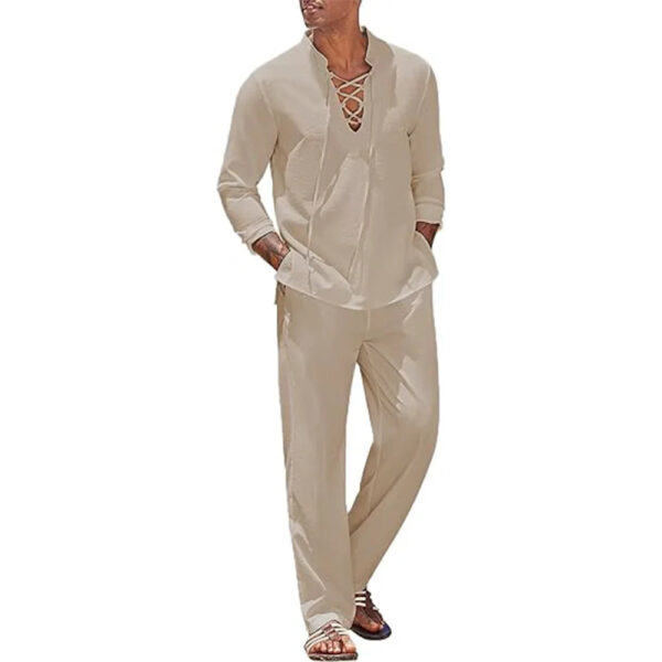 Sd2a456c96c8f48e3af8b50a09dba56c0O.jpg 2pcs Set Men's Cotton Linen Shirt and Pants Suits for Men Beach Wear Tracksuit Solid Color Shirts Sweatpants Hawaiian Vacation