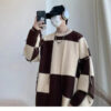 Sd2ff63c84288450ebfeeb6cf77eb1cb4r.jpg Plaid Sweater Men Spring and Autumn New Splicing Pullovers O-Neck Fashion Loose Minimalist Casual Long-sleeved Knitted Tops
