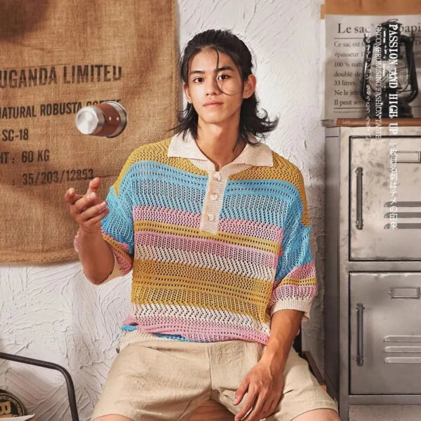 New Summer Japanese Lazy Style Hollow Knitted Short-sleeved POLO Shirt T-shirt Men's Contrasting Striped Five-point Sleeve Top