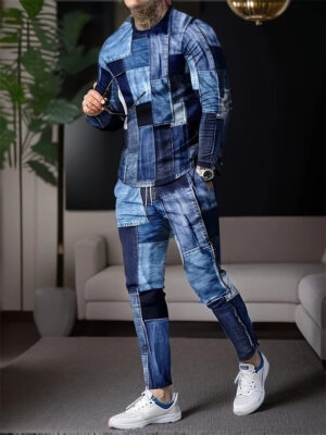 Sd3a94755c6964d3a93fd861716b1b99cf.jpg Autumn Men's Sportswear Suit Mens Long-sleeved T-shirt Long Pants Suit Retro Quilted Print Casual Street Tops Two-piece Clothing