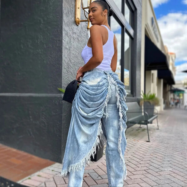 Women Solid Jeans Pants Denim Pleated Trousers Fuzzy Edge Full Lenth Mid Waist Zipper Straight Y2k Streetwear Casual 2026 Spring