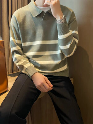 Sd49c3a1495f24fca9b4f50673c85d4d2y.jpg Autumn Simple Lapel Striped Sweater For Men Casual Vintage Korean Fashion Knitwear Top New Y2K Loose Knitted Pullover Jumper