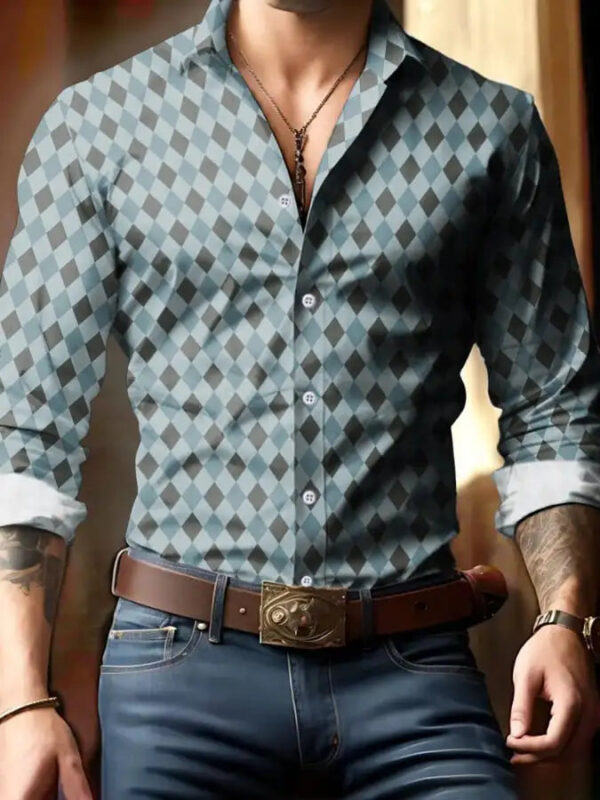 Men's shirt regular lapel shirt men's 3d printing triangle geometric printing casual street long sleeve fashion printed shirt