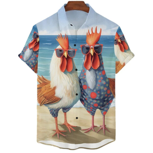 Funny Chicken Graphic Shirts For Men Clothes Cute Cartoon Hawaiian Short Sleeve Fashion Animal 3D Print Blouses Y2k Beach Shirts