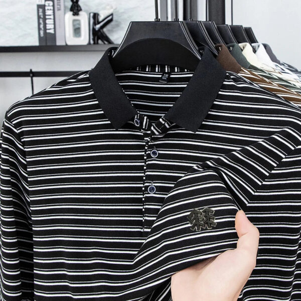 Sd715392223fb4e22bb9d5f461e441ebfJ.jpg Men's Striped Long Sleeved T-shirt Polo Shirt Button Up Men's Stand Up Collar, Winter Double-sided German Velvet Base Shirt