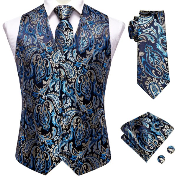 Wedding Purple Men Vest Paisley Floral Necktie Handkerchief Cufflinks Sets Blue Green Red Male Sleeveless V-Neck Waistcoat Party