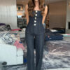 Women Vintage Denim Top Pant Set Square Collar Single Breasted Tank High Waist Jeans Female Sets 2025 Fashion Y2k  Denim Outfits