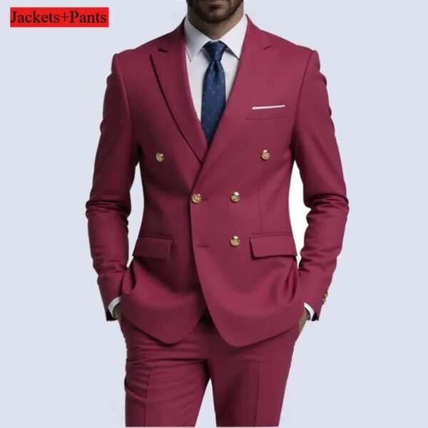 Men Double Breasted Suit Black Slim Fit High Quality Wedding Costume Party Prom Gold Button Male Suits