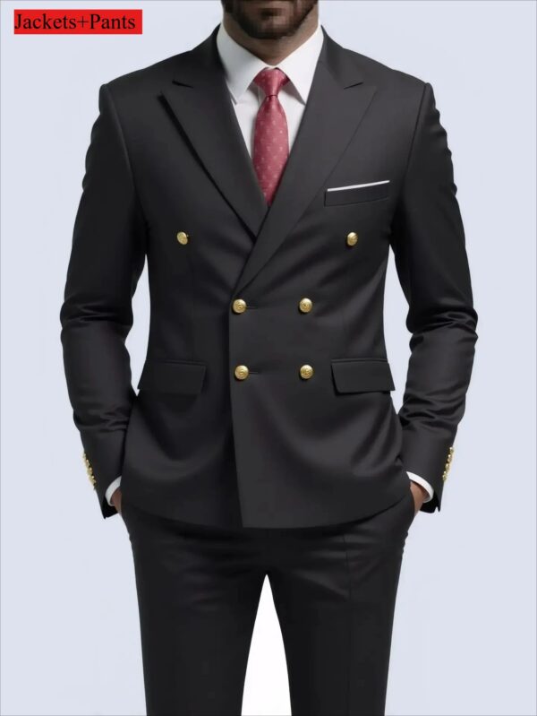 Men Double Breasted Suit Black Slim Fit High Quality Wedding Costume Party Prom Gold Button Male Suits
