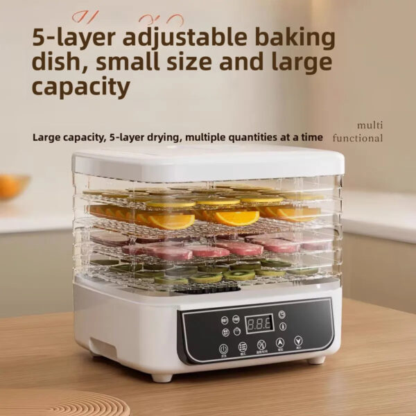 5-Tier Transparent Food Dehydrator, Adjustable Timer & Temp, BPA-Free – for Fruits/Herbs/Jerky, Compact & Quiet energy-saving