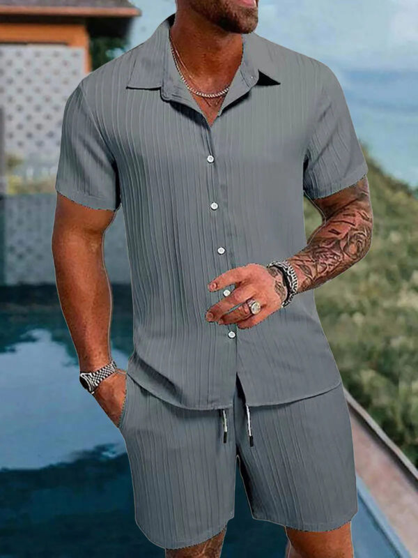 Sd8f7067145cb4a13af44eea99e2ff458d.jpg Spring And Summer New Sports Men's Polo Casual Solid Color Loose Short-sleeved Drawstring Shorts Cardigan Striped Sports Suit