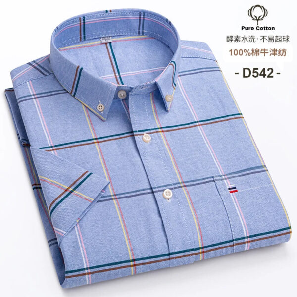 Sd923e636b45d42eb89483db9ce8c732aq.jpg Fashionable Men's Shirt Short Sleeve 100% Cotton Oxford Stripe Plaid Formal Men's Casual Social Shirt Available in Large Sizes