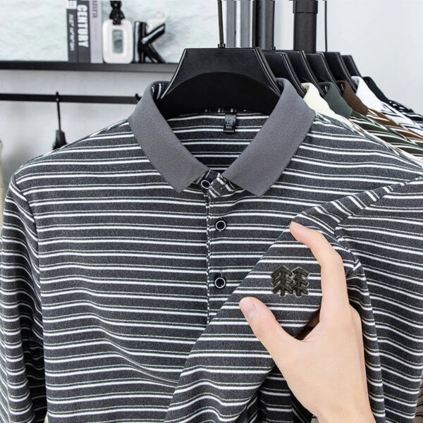 Sdc2088033bc0434d91d1dbefbe9808caK.jpg Men's Striped Long Sleeved T-shirt Polo Shirt Button Up Men's Stand Up Collar, Winter Double-sided German Velvet Base Shirt