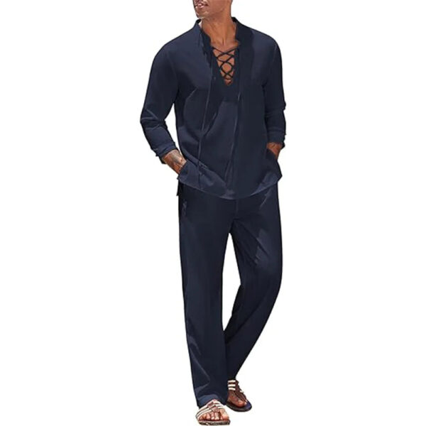 Sdc5d403930fe4d83b9fbf157bfdcf0586.jpg 2pcs Set Men's Cotton Linen Shirt and Pants Suits for Men Beach Wear Tracksuit Solid Color Shirts Sweatpants Hawaiian Vacation