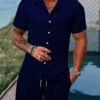 Sdd72dd4c5af24e1694fa96ac305866e0i.jpg Spring And Summer New Sports Men's Polo Casual Solid Color Loose Short-sleeved Drawstring Shorts Cardigan Striped Sports Suit