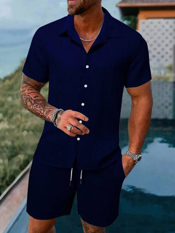 Sdd72dd4c5af24e1694fa96ac305866e0i.jpg Spring And Summer New Sports Men's Polo Casual Solid Color Loose Short-sleeved Drawstring Shorts Cardigan Striped Sports Suit