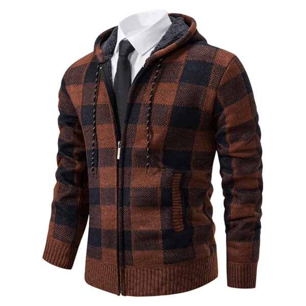 Sde79a6b3a0d74e4784244f5395b3b2072.jpg Autumn Winter Men's Cardigan Fashion Plus Velvet Padded Knit Jumpers Male Sweater Hooded Plaid Korean Luxury Brand Coat
