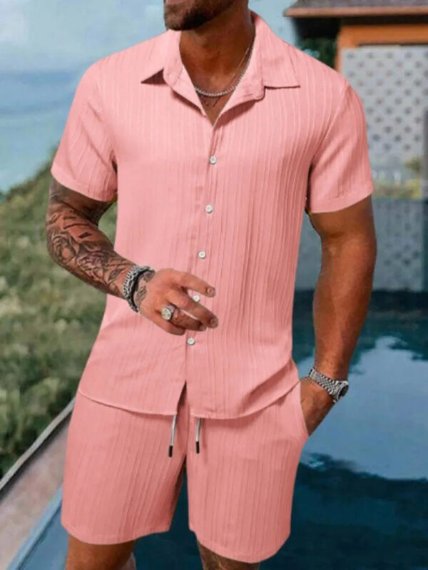 Sdfa5ec91ffe14b3dba489764060d563dS.jpg Spring And Summer New Sports Men's Polo Casual Solid Color Loose Short-sleeved Drawstring Shorts Cardigan Striped Sports Suit