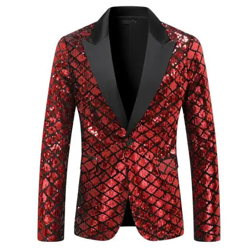 Sdfe818d6c1804b7da930f878243f7de4B.jpg Fashion Men Luxurious Sequin Plaid Suit Jacket Gold / Silver Singer Host Stage Party Loose Dress Blazer Coats