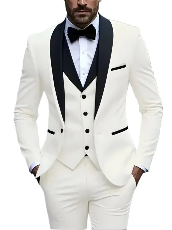 Se084b2e06c724974a57b7c97af6d9add8.jpg White Slit Mens Suits 3 Piece Black Shawl Lapel Casual Groom Tuxedos for Wedding Groomsmen Suits Men 2025 (Blazer+Vest+Pant)