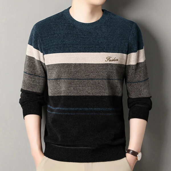 Se13fde9dfc3e468ca0007dcde54f4683M.jpg Men's Lapel Sweater Fashion Striped Knitted Pullovers Autumn Winter Fleece Lined Knitwear Thickened Jumpers New Jersey