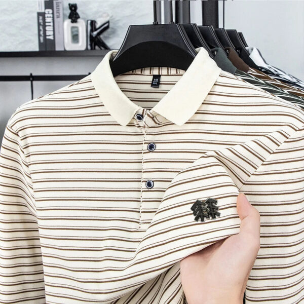 Se143c2803215420d9b8e85a004ac5641P.jpg Men's Striped Long Sleeved T-shirt Polo Shirt Button Up Men's Stand Up Collar, Winter Double-sided German Velvet Base Shirt