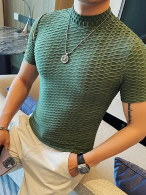 Se1cb1f8c24f5499bab38f704af05aa10V.jpg Summer Half High Collar Elastic T Shirts For Men Korean Fashion Versatile Slim Fit Short Sleeve Casual Pullovers Tops Tees 4XL-M