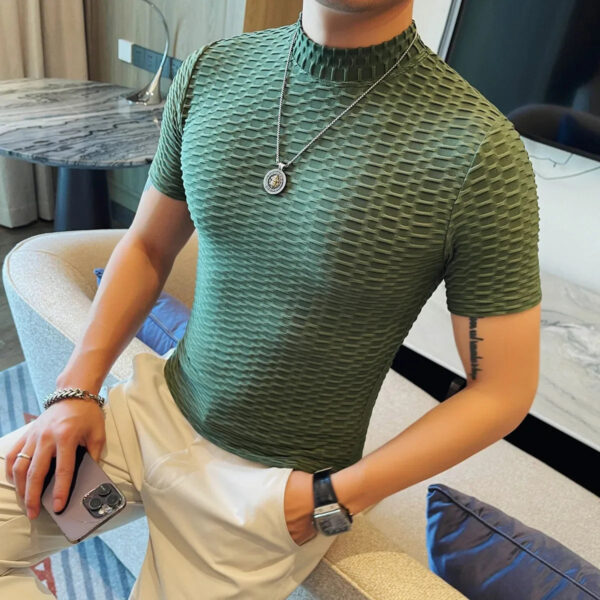 Se1cb1f8c24f5499bab38f704af05aa10V.jpg Summer Half High Collar Elastic T Shirts For Men Korean Fashion Versatile Slim Fit Short Sleeve Casual Pullovers Tops Tees 4XL-M