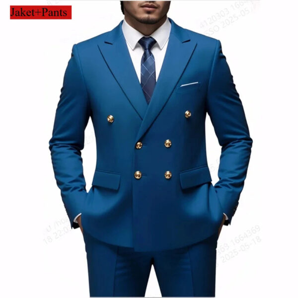Men Double Breasted Suit Black Slim Fit High Quality Wedding Costume Party Prom Gold Button Male Suits