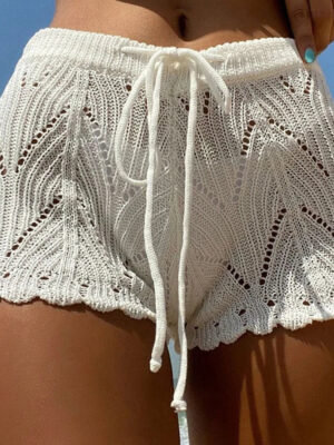 Se285f75768364751aa4e8ec472141c3ci.jpg Womens Beach Shorts Hollow Out Knitted Lace Drawstring Elastic Waist Soft Breathable Loose High Waist Summer Bikini Shorts