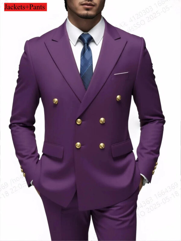 Men Double Breasted Suit Black Slim Fit High Quality Wedding Costume Party Prom Gold Button Male Suits