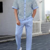 Se89ef6e8ccf244b6bc1b8ff14a541ae9s.jpg Light Blue Striped 3D Printed Men's Autumn Shirt Set, Outdoor Sports Casual Men's Lapel Shirt And Casual, Trendy And Fashionable