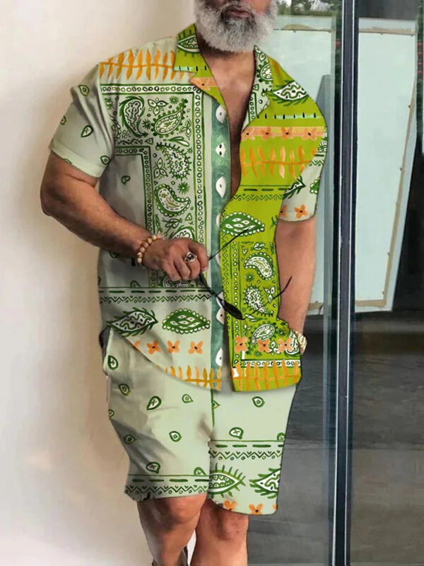 Se97a667a9ef741f3a468e9488a9f00d7G.jpg 2024 Summer Men's Temperament Shirt Set Men's Hawaii Vacation Short Sleeve Top Drawstring Shorts 2 Pcs Boutique Party Dresses