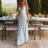 Se9e8b00b7bdc4a41aa9fc882999087d7v.jpg Combhasaki Women's Elegant Solid Color Adjustable Thin Shoulder Straps Cutout Tie-Up Front Backless Summer Long Cami Silky Dress