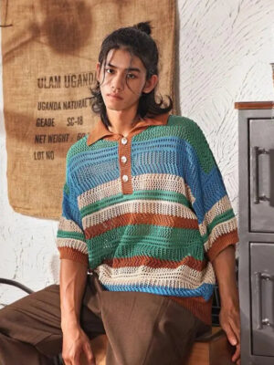 Sebcac4f839914db295a16c33d4aedf18V.jpg New Summer Japanese Lazy Style Hollow Knitted Short-sleeved POLO Shirt T-shirt Men's Contrasting Striped Five-point Sleeve Top