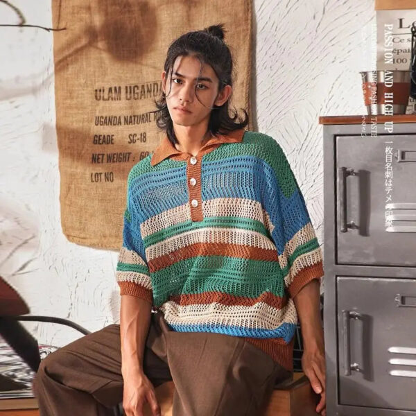 New Summer Japanese Lazy Style Hollow Knitted Short-sleeved POLO Shirt T-shirt Men's Contrasting Striped Five-point Sleeve Top