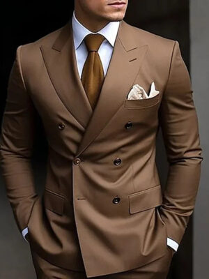 Seead79873c414d09a42a40febec293a4Z.jpg High Quality Brown Men's Suits Double Breasted Bespoke Double Breasted Peaked Lapel Formal Blazer Slim Fit 2 Piece Jacket Pants