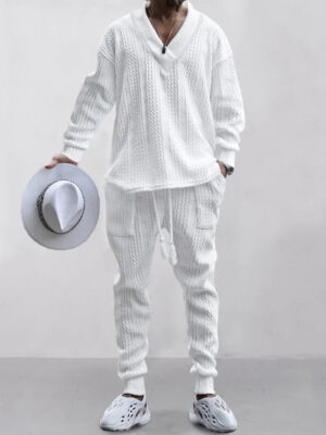 Sef1a69e9ecf04837a337fe724994d048S.jpg 2025 Cross-border New Men's Casual Trousers V-Neck Versatile Jacquard Knitted Sweater Set