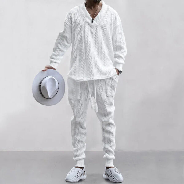 Sef1a69e9ecf04837a337fe724994d048S.jpg 2025 Cross-border New Men's Casual Trousers V-Neck Versatile Jacquard Knitted Sweater Set