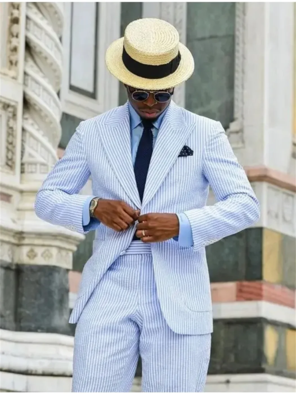 Sf28d454ea9fc4024a659bfcc868235726.png 2 Pieces Casual Men Suits Seersucker Stripe Outfits Custom Wedding Groom Tuxedo Costume Homme Peaked Lapel Jacket+Pants
