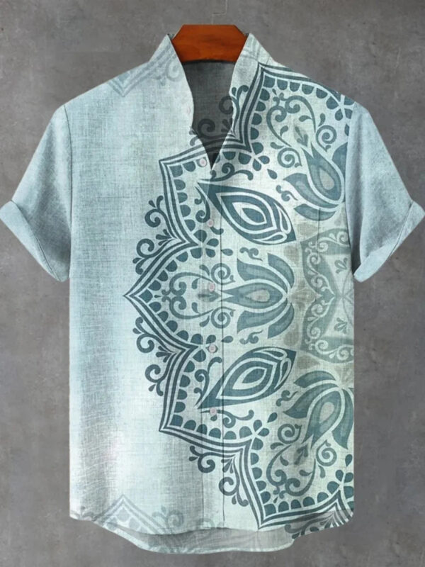 Sf37efa5ebfc543b5990559988f1c1c19L.jpg 2025 Men's Mandala Flower Pattern Short Sleeve Shirt Summer Vintage New Linen Shirt men's Short Sleeve Leisure Holiday Streetwea