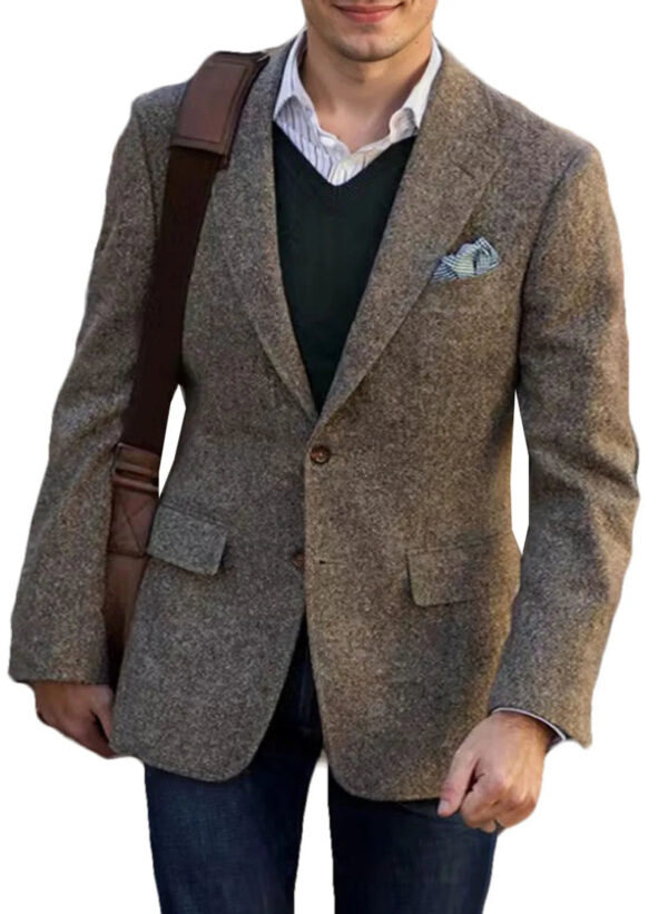 Vintage Winter Tweed Suits Brown Tweed Men Suits With Patch Design Costume Homme Smart Business Formal Wedding Suits 1 Pieces