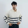 Autumn Simple Lapel Striped Sweater For Men Casual Vintage Korean Fashion Knitwear Top New Y2K Loose Knitted Pullover Jumper