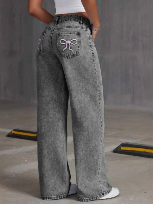 HOUZHOU Women's Loose Fit Distressed Straight Leg Jeans Blue Sweet Bow Embroidery Denim Trousers Casual Baggy Jeans with Pockets