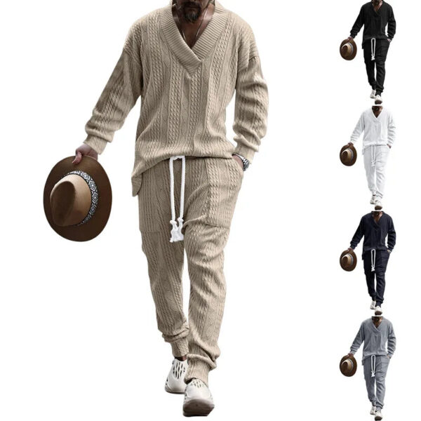 Sf54ff07dc33447219aebfbeb9d5cff39B.jpg 2025 Cross-border New Men's Casual Trousers V-Neck Versatile Jacquard Knitted Sweater Set
