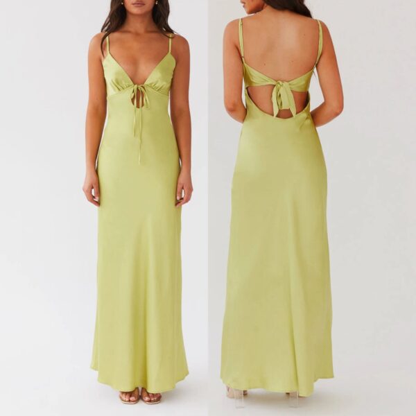 Sf608376633b94ad8867a3b226abe9e2cL.jpg Combhasaki Women's Elegant Solid Color Adjustable Thin Shoulder Straps Cutout Tie-Up Front Backless Summer Long Cami Silky Dress