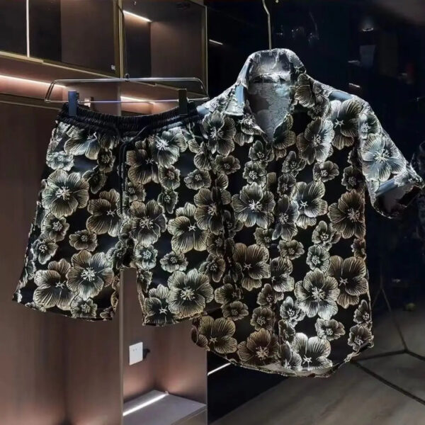 Sf8d4594f802048948d9afcdb8ad28545T.jpg Ethnic Style Embossed Gold-hot Flower Short-sleeved Shirt and Shorts Two-piece Set Men Summer Loose Black Gold Shirt Set