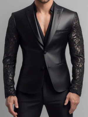 Men PU Leather Lace Splicing Suits American Style Fashion Design Slim Fit Peak Lapel Groom Wedding Tuxedos Male Party Blazers