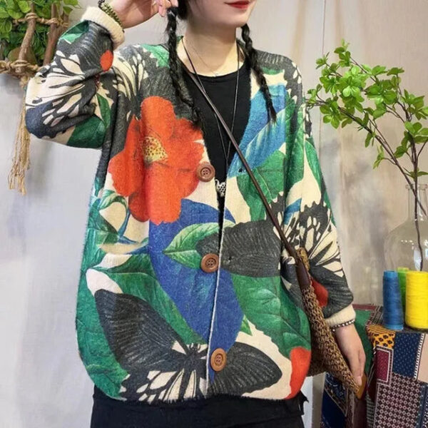Sfa3806c0be854fafbb1f888d7430ede8Y.jpg Women Loose Sweater Ladies Colorful Patchwork V neck Jacket Knitted Outerwear Knit Tops Female Spring Autumn Sweater 2023